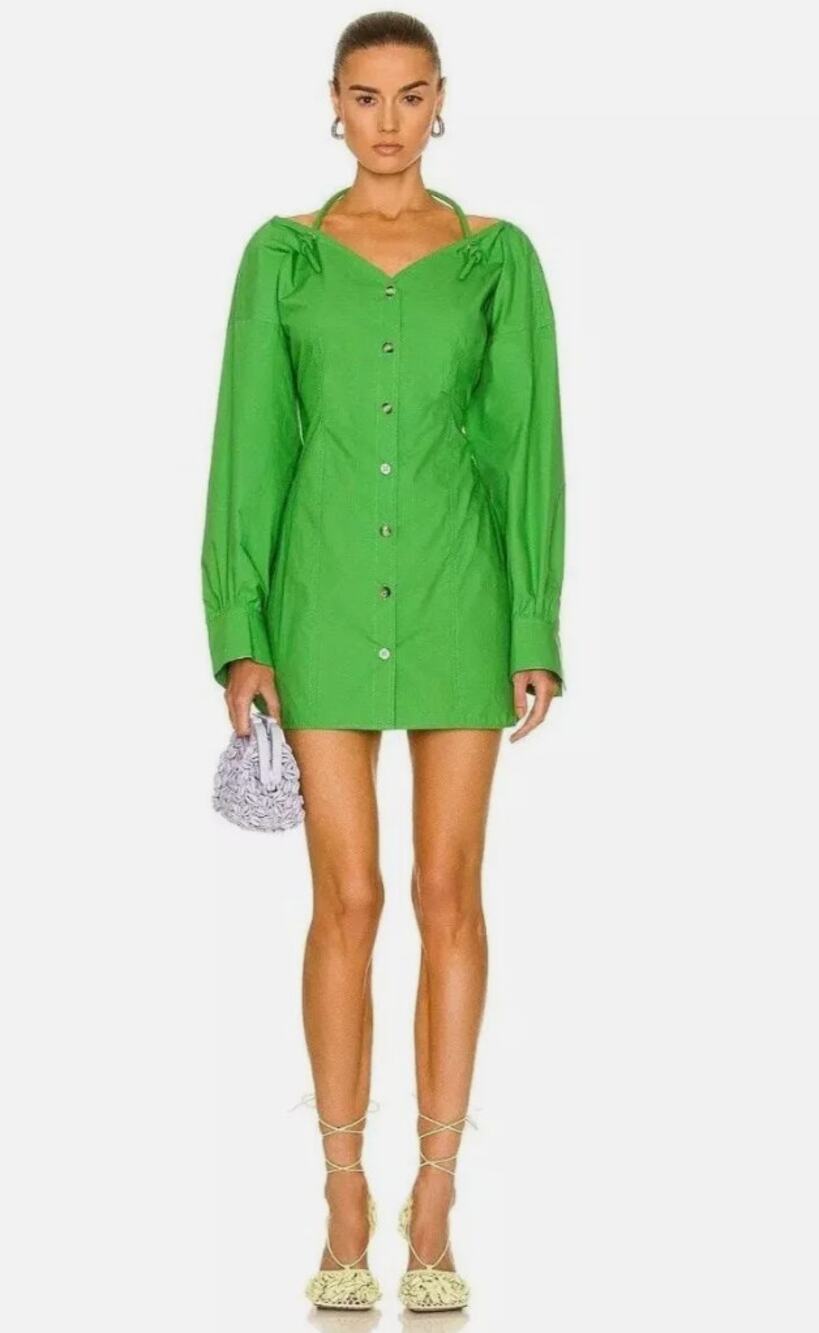 Nanushka Womens Alyssa Halter V-Neck Long Sleeve Cuff Green Poplin Mini Dress XS
